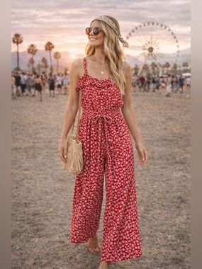 Red Floral Jumpsuit Wide Leg Boho Festival Coachella Smocked Waist Romper (4-6)